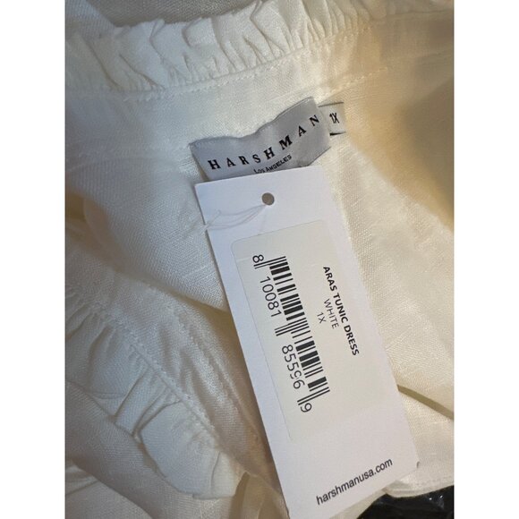 Harshman Aras White Linen Tunic Dress Ruffled Split-Neck Collar Bell Sleeves 1X - Picture 3 of 6